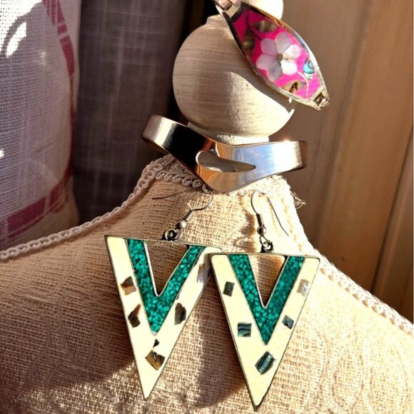 Vtg Alpaca Mexico German silver lot pink inlay MCM Bracelet & Geometric earrings - Picture 2 of 14